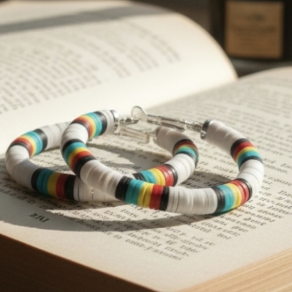 Polymer Clay Round Circle Colorful Medium Hoop Heishi Earrings. 2.0 Inches - Picture 3 of 6